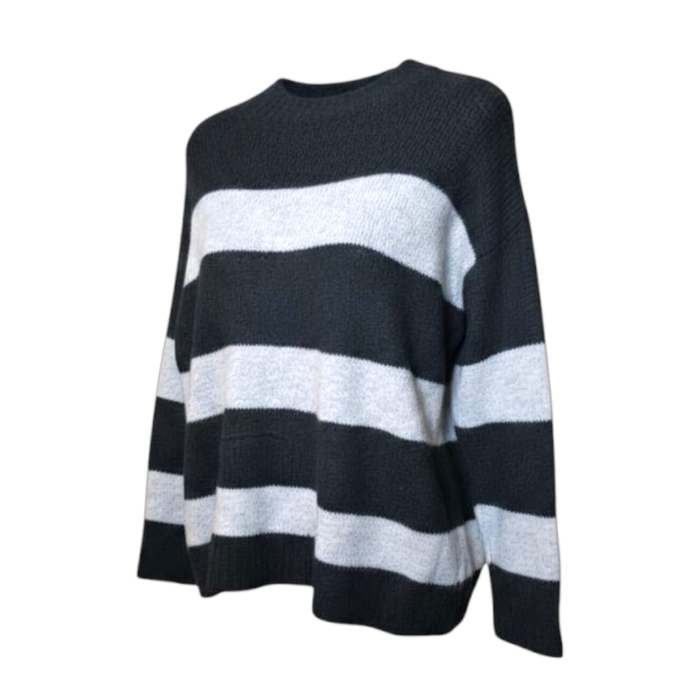 Magaschoni Black Light Gray Striped Alpaca Wool Blend Knit Sweater Cozy Soft Med